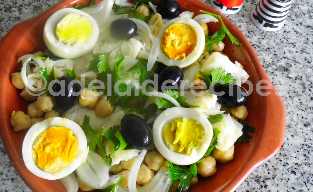 Cod with chickpeas, egg and olives